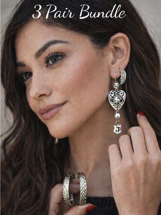 unknown Jewelry - Silver Earring Bundle 3 Pair Set | Heart Dangle + Textured Hoops | Vintage Style